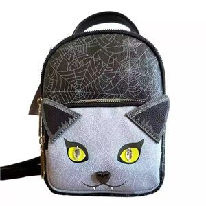 Betsey Johnson Halloween Cat Vampire Mini Backpack Spider Web Black Gray Grey